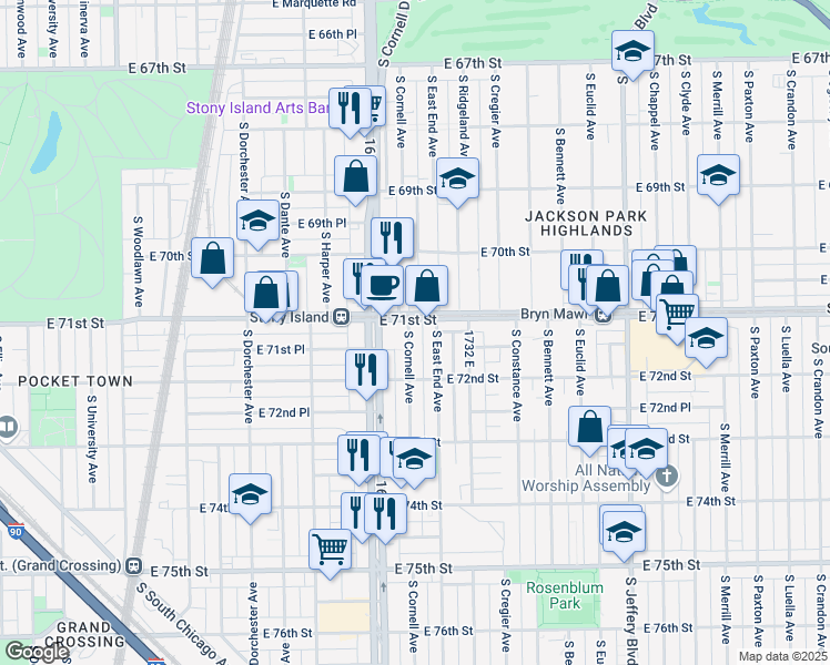 map of restaurants, bars, coffee shops, grocery stores, and more near 7156 South Cornell Avenue in Chicago