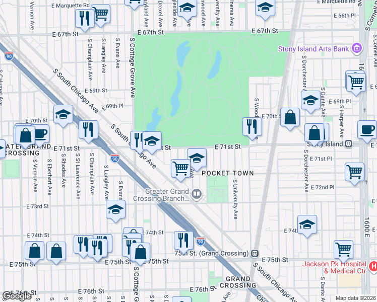 map of restaurants, bars, coffee shops, grocery stores, and more near 7105 South Ingleside Avenue in Chicago