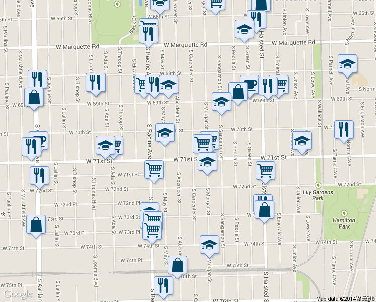 map of restaurants, bars, coffee shops, grocery stores, and more near 7028 South Carpenter Street in Chicago