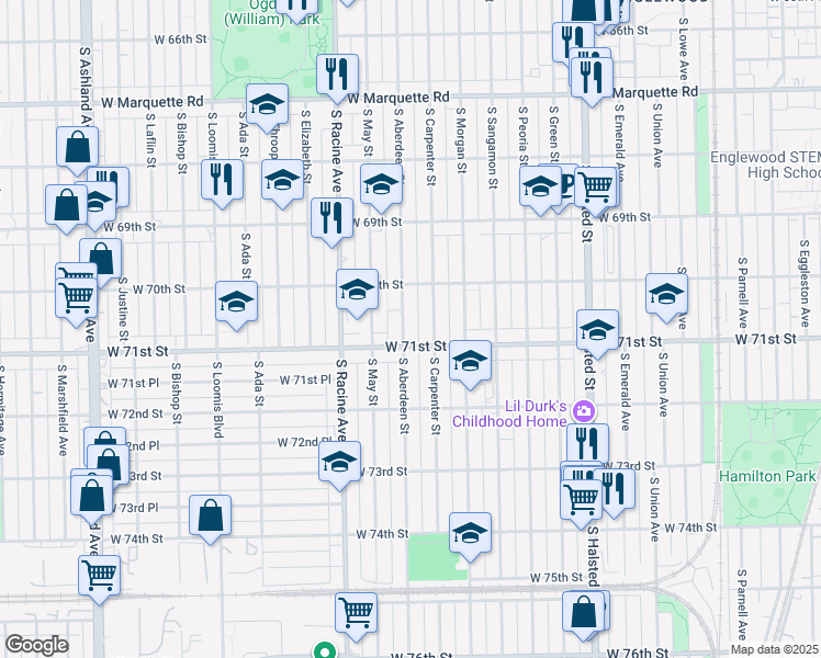 map of restaurants, bars, coffee shops, grocery stores, and more near 7028 South Carpenter Street in Chicago