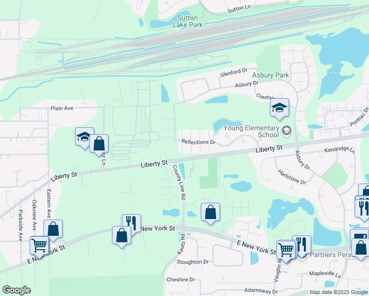 map of restaurants, bars, coffee shops, grocery stores, and more near 2261 Reflections Drive in Aurora