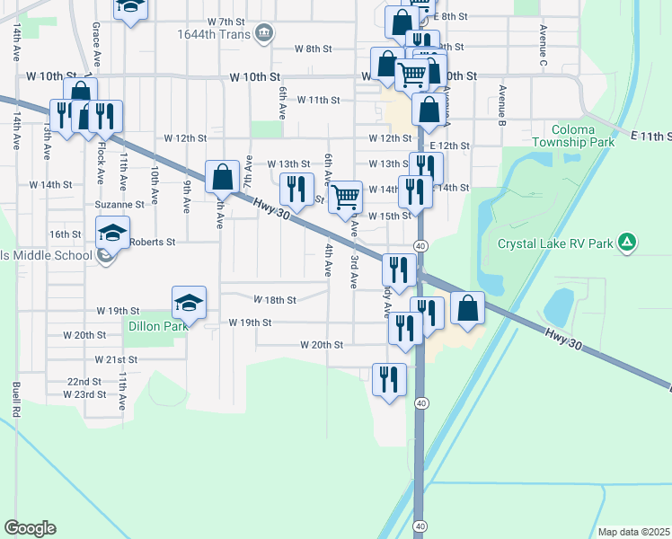 map of restaurants, bars, coffee shops, grocery stores, and more near 1602 4th Avenue in Rock Falls