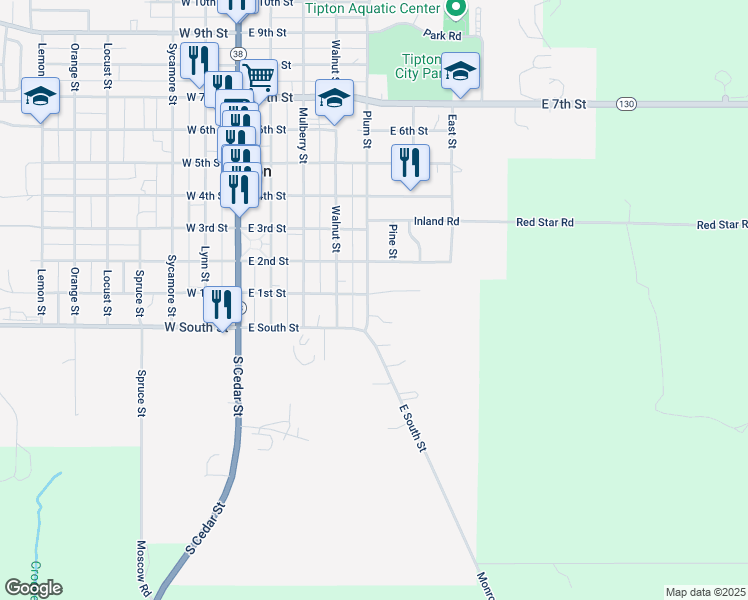 map of restaurants, bars, coffee shops, grocery stores, and more near East 1st Street in Tipton