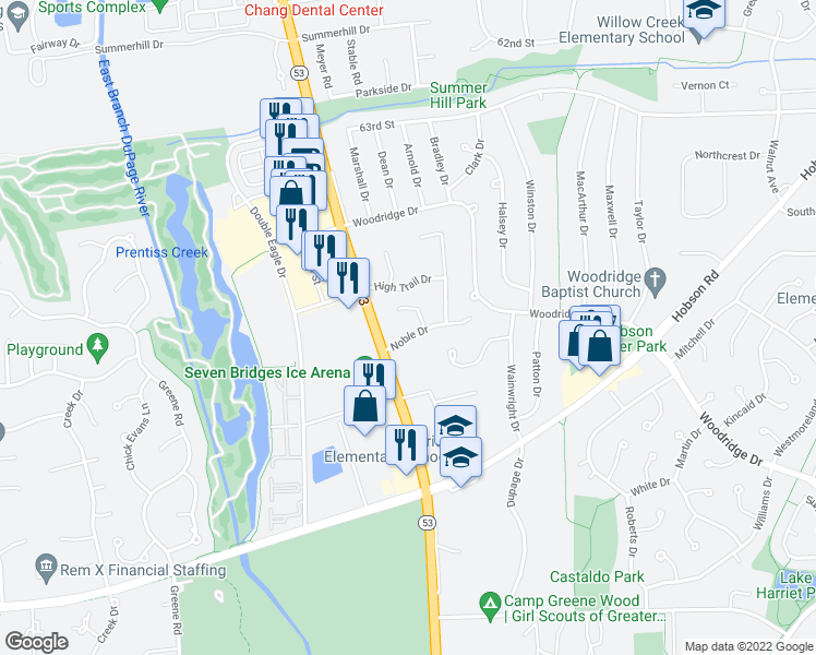map of restaurants, bars, coffee shops, grocery stores, and more near 3428 Noble Drive in Woodridge