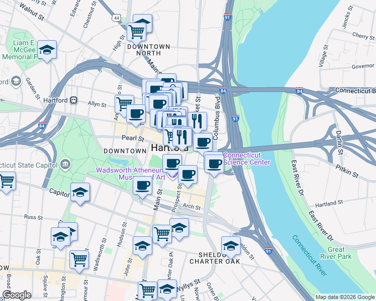 map of restaurants, bars, coffee shops, grocery stores, and more near American Row in Hartford