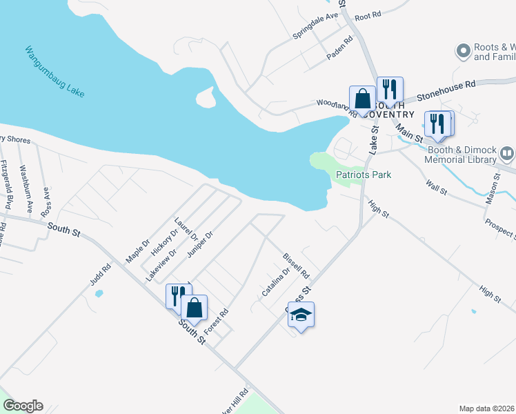map of restaurants, bars, coffee shops, grocery stores, and more near 305 Shore Drive in Coventry
