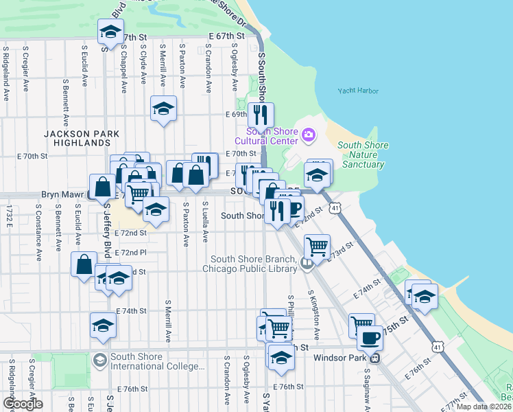 map of restaurants, bars, coffee shops, grocery stores, and more near 2041 East 71st Street in Chicago
