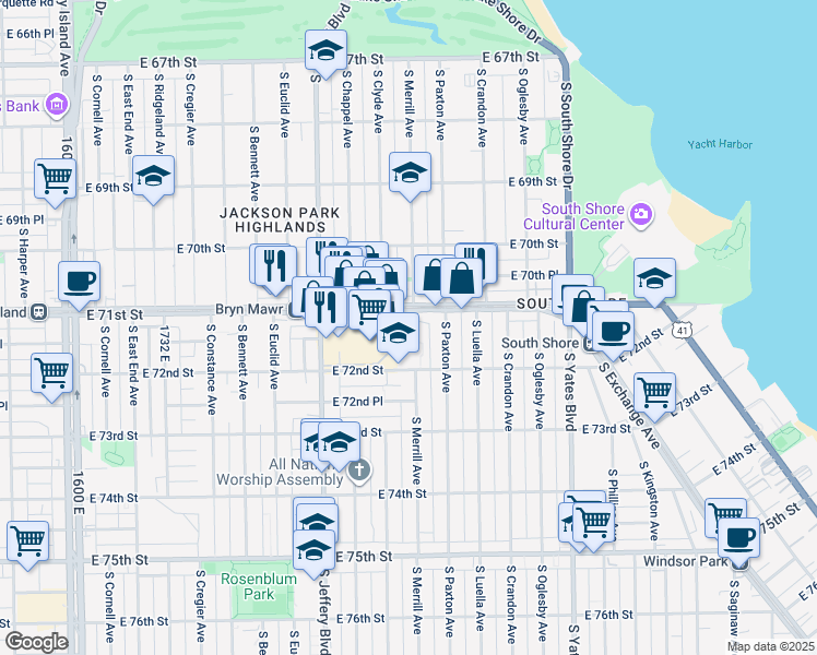 map of restaurants, bars, coffee shops, grocery stores, and more near 7120 South Merrill Avenue in Chicago