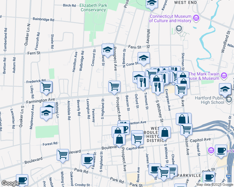 map of restaurants, bars, coffee shops, grocery stores, and more near Prospect Avenue in Hartford