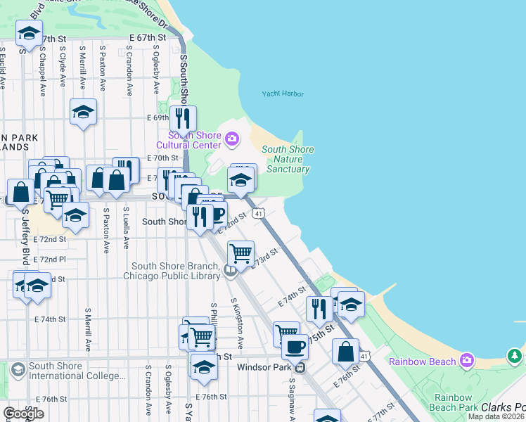 map of restaurants, bars, coffee shops, grocery stores, and more near 7213 South South Shore Drive in Chicago
