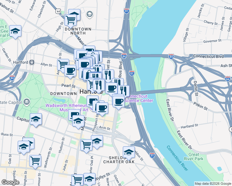 map of restaurants, bars, coffee shops, grocery stores, and more near 1 State Street in Hartford