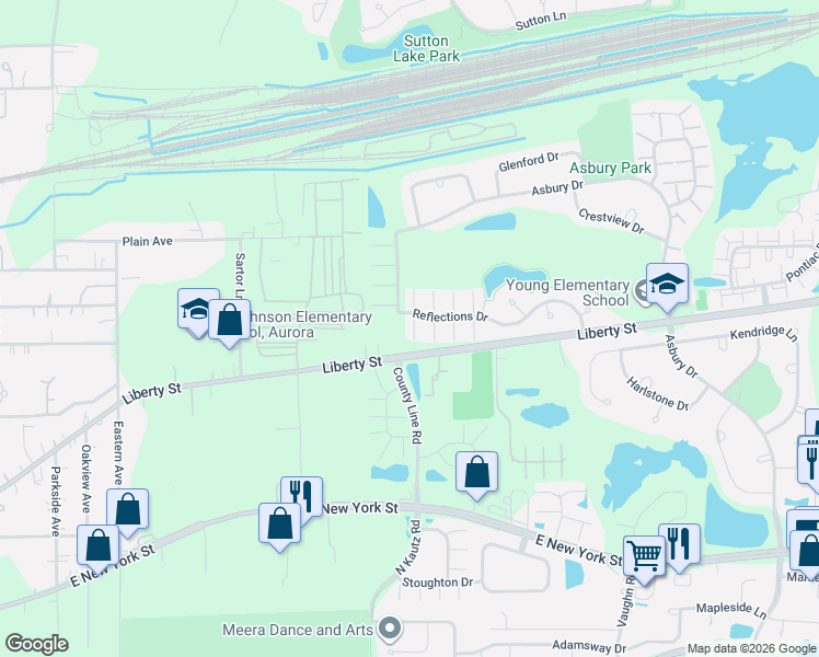 map of restaurants, bars, coffee shops, grocery stores, and more near 2261 Reflections Drive in Aurora