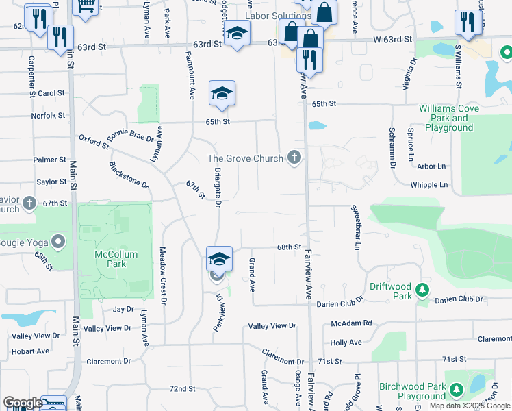 map of restaurants, bars, coffee shops, grocery stores, and more near 6637 Walnut Grove Court in Downers Grove