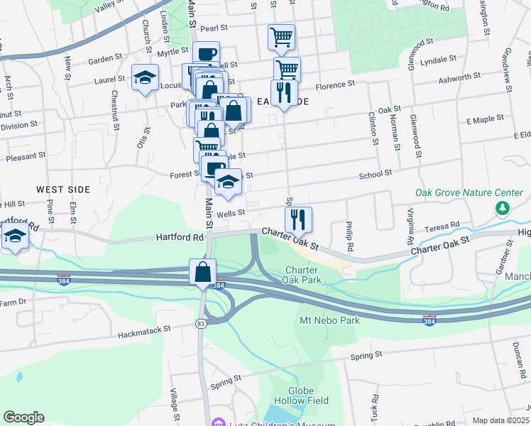 map of restaurants, bars, coffee shops, grocery stores, and more near 70 Wells Street in Manchester