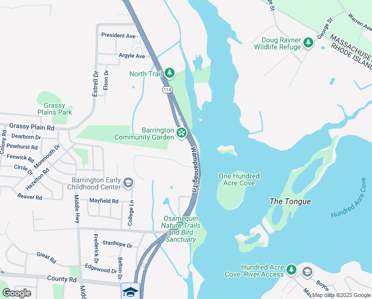 map of restaurants, bars, coffee shops, grocery stores, and more near 1705 Wampanoag Trail in Barrington