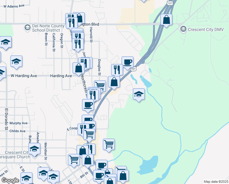 map of restaurants, bars, coffee shops, grocery stores, and more near 1055 U.S. 101 in Crescent City