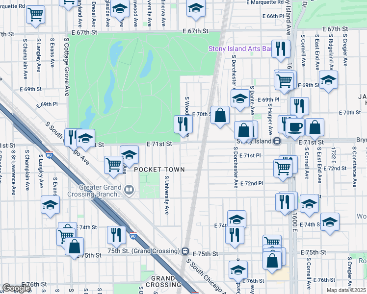 map of restaurants, bars, coffee shops, grocery stores, and more near 7109 South Woodlawn Avenue in Chicago