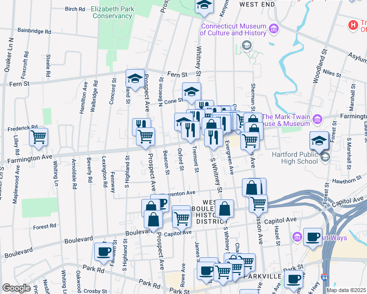 map of restaurants, bars, coffee shops, grocery stores, and more near 590 Farmington Avenue in Hartford