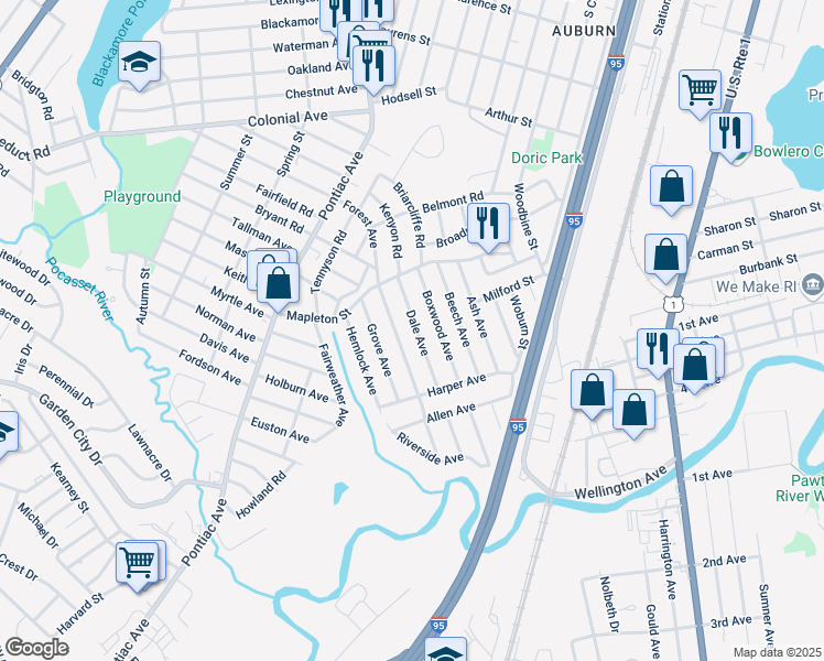 map of restaurants, bars, coffee shops, grocery stores, and more near 120 Forest Avenue in Cranston