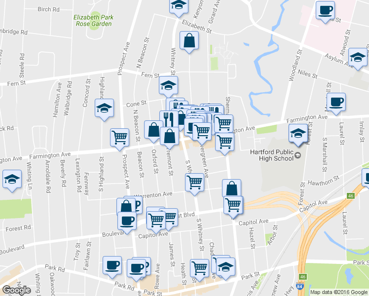 map of restaurants, bars, coffee shops, grocery stores, and more near 256 South Whitney Street in Hartford
