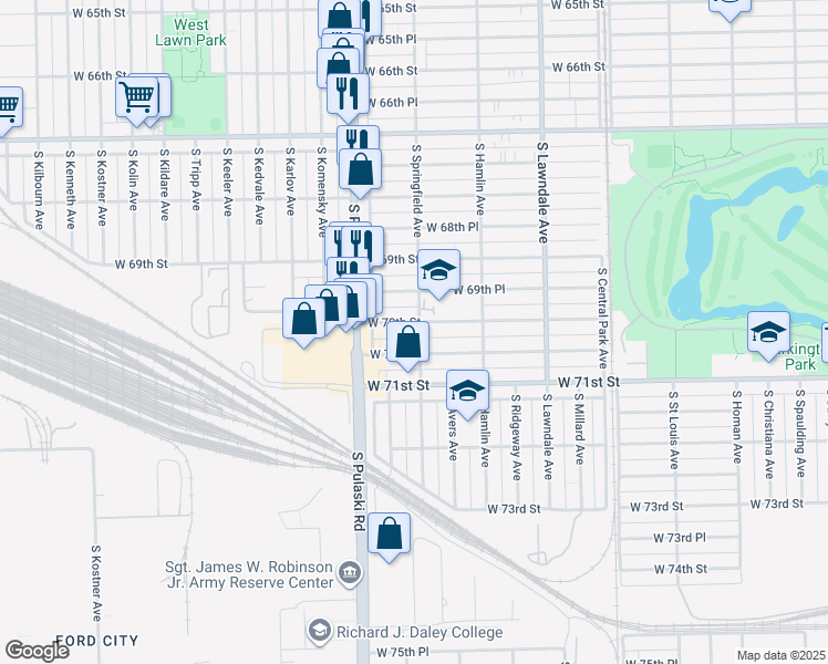 map of restaurants, bars, coffee shops, grocery stores, and more near 3901 West 70th Street in Chicago