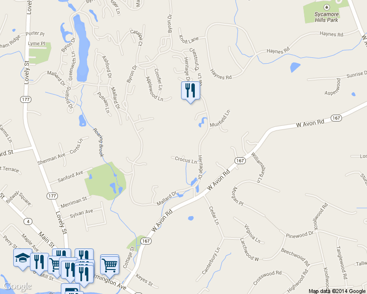 map of restaurants, bars, coffee shops, grocery stores, and more near 32 Heritage Drive in Avon