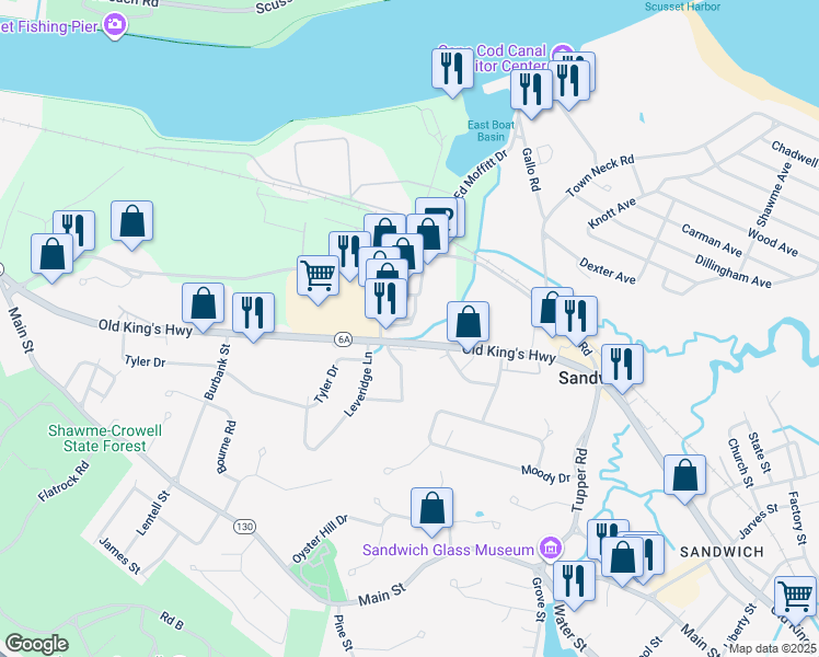 map of restaurants, bars, coffee shops, grocery stores, and more near 4 Merchants Road in Sandwich