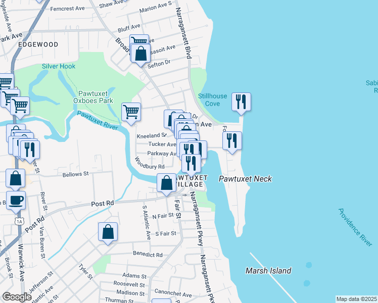 map of restaurants, bars, coffee shops, grocery stores, and more near 2190 Broad Street in Cranston