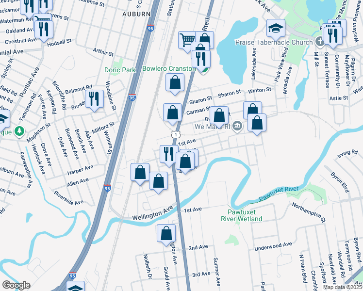 map of restaurants, bars, coffee shops, grocery stores, and more near 96 1st Avenue in Cranston