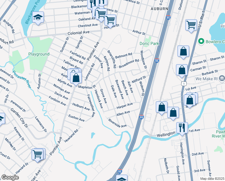 map of restaurants, bars, coffee shops, grocery stores, and more near 120 Forest Avenue in Cranston