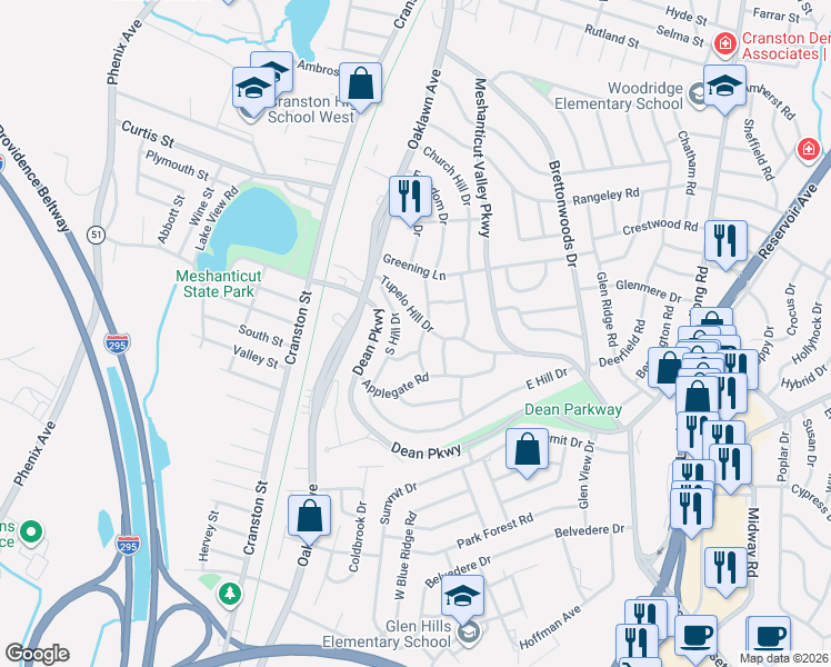 map of restaurants, bars, coffee shops, grocery stores, and more near 55 South Hill Drive in Cranston