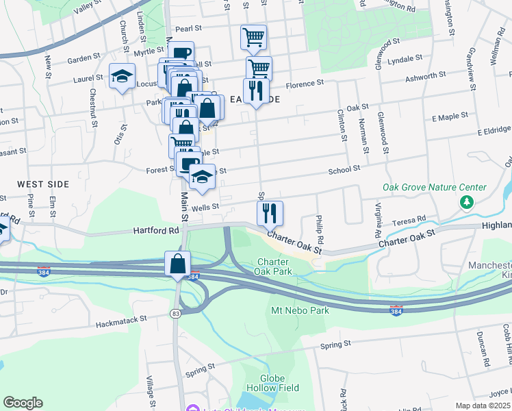 map of restaurants, bars, coffee shops, grocery stores, and more near 96 Wells Street in Manchester