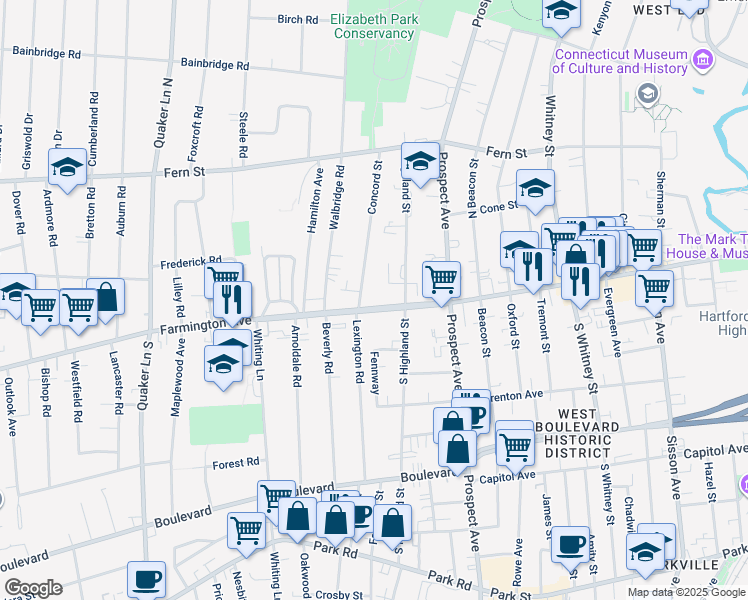 map of restaurants, bars, coffee shops, grocery stores, and more near 4 Concord Street in West Hartford