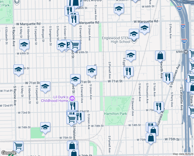 map of restaurants, bars, coffee shops, grocery stores, and more near 7033 South Lowe Avenue in Chicago