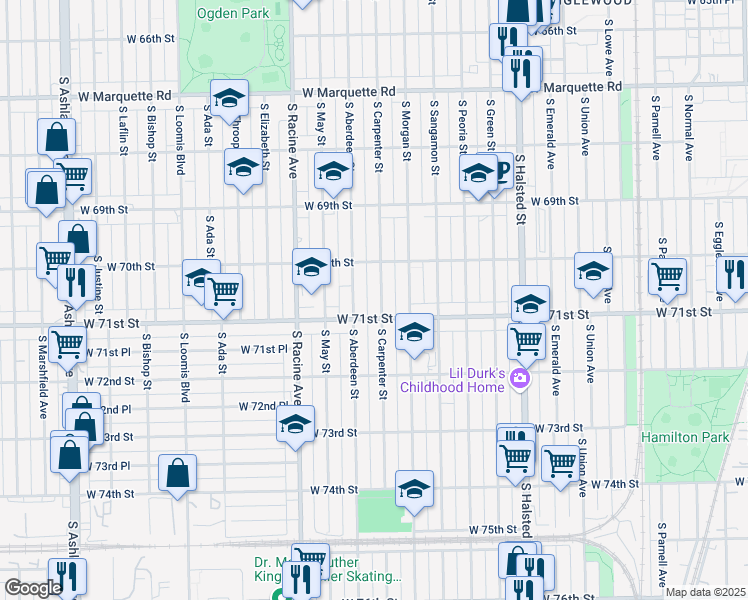 map of restaurants, bars, coffee shops, grocery stores, and more near 7028 South Carpenter Street in Chicago