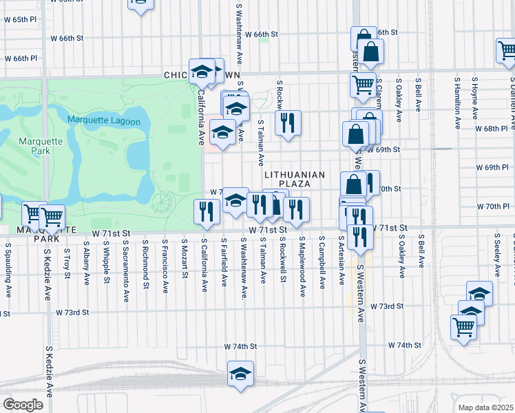map of restaurants, bars, coffee shops, grocery stores, and more near 7008 South Talman Avenue in Chicago