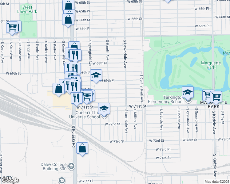map of restaurants, bars, coffee shops, grocery stores, and more near 3746 West 70th Street in Chicago