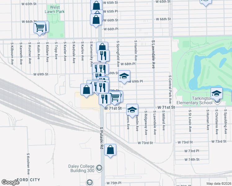map of restaurants, bars, coffee shops, grocery stores, and more near 3901 West 70th Street in Chicago