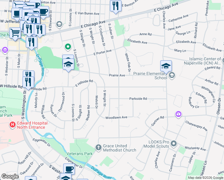 map of restaurants, bars, coffee shops, grocery stores, and more near 636 East Hillside Road in Naperville