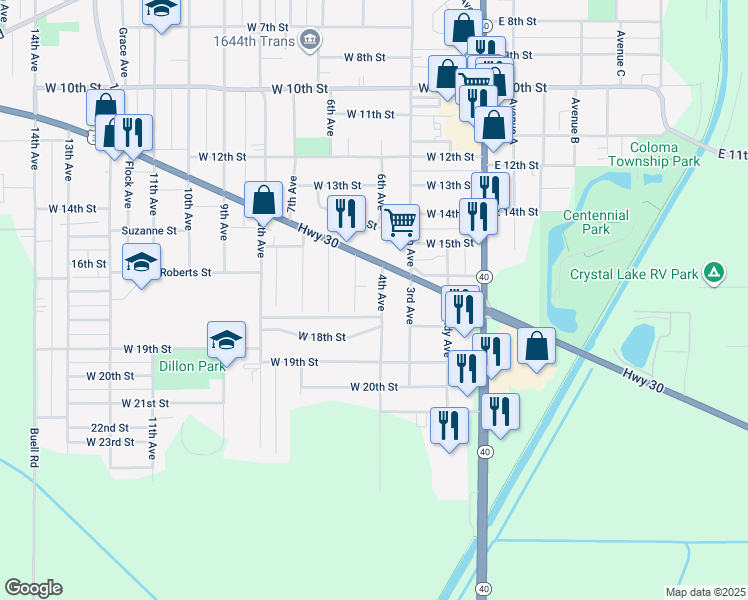 map of restaurants, bars, coffee shops, grocery stores, and more near 1602 4th Avenue in Rock Falls