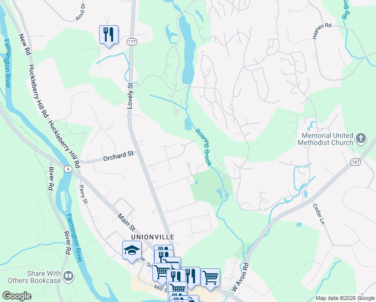 map of restaurants, bars, coffee shops, grocery stores, and more near 3 Curtis Lane in Avon