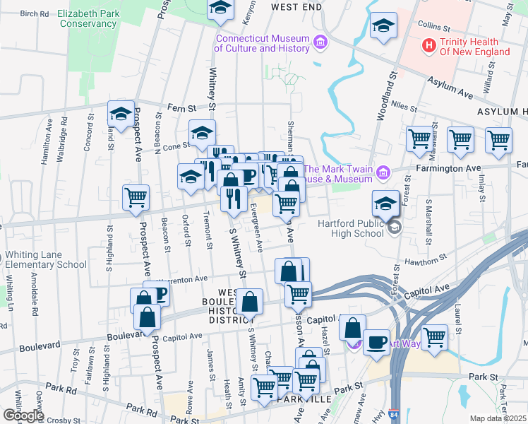 map of restaurants, bars, coffee shops, grocery stores, and more near 491 Farmington Avenue in Hartford