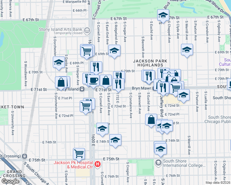 map of restaurants, bars, coffee shops, grocery stores, and more near 7110 South Ridgeland Avenue in Chicago