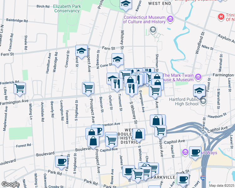 map of restaurants, bars, coffee shops, grocery stores, and more near 590 Farmington Avenue in Hartford