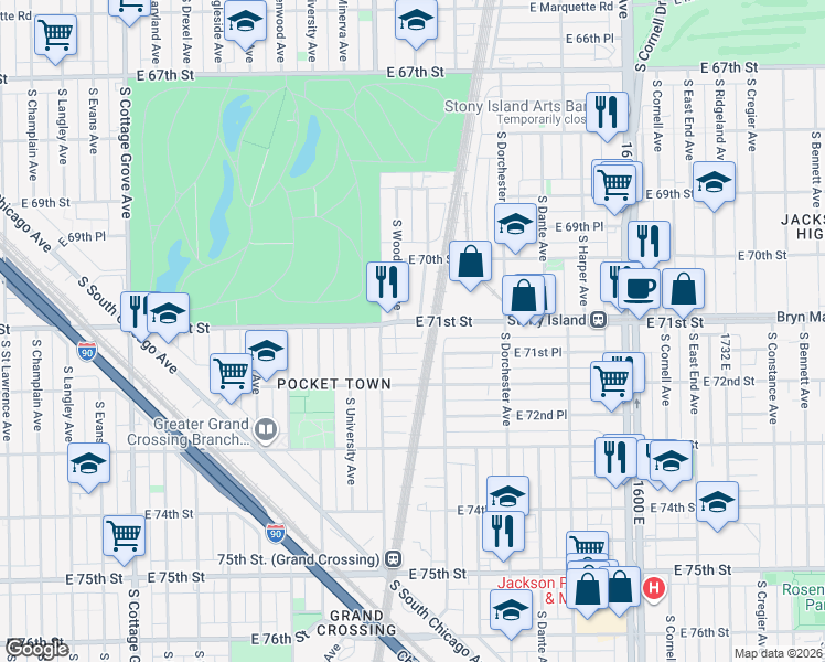 map of restaurants, bars, coffee shops, grocery stores, and more near 7053 South Kimbark Avenue in Chicago