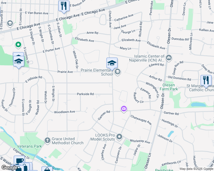 map of restaurants, bars, coffee shops, grocery stores, and more near 1050 East Hillside Road in Naperville