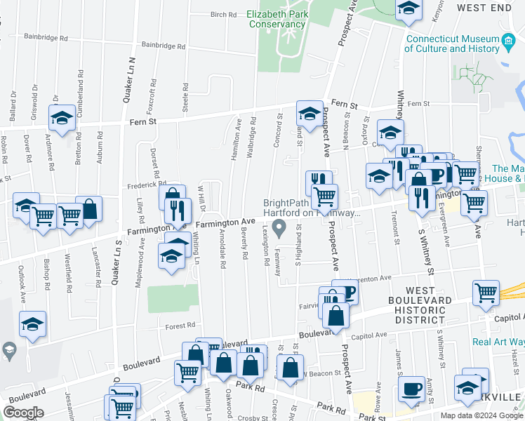 map of restaurants, bars, coffee shops, grocery stores, and more near 712 Farmington Avenue in West Hartford