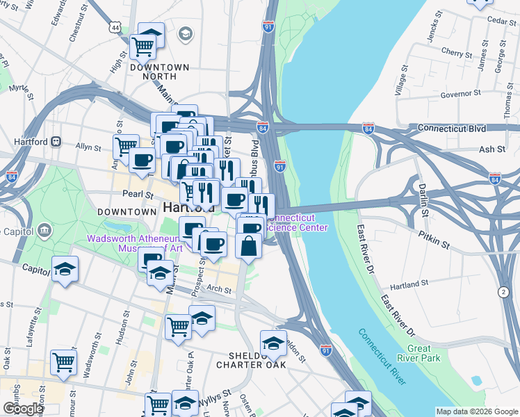map of restaurants, bars, coffee shops, grocery stores, and more near 1 State Street in Hartford