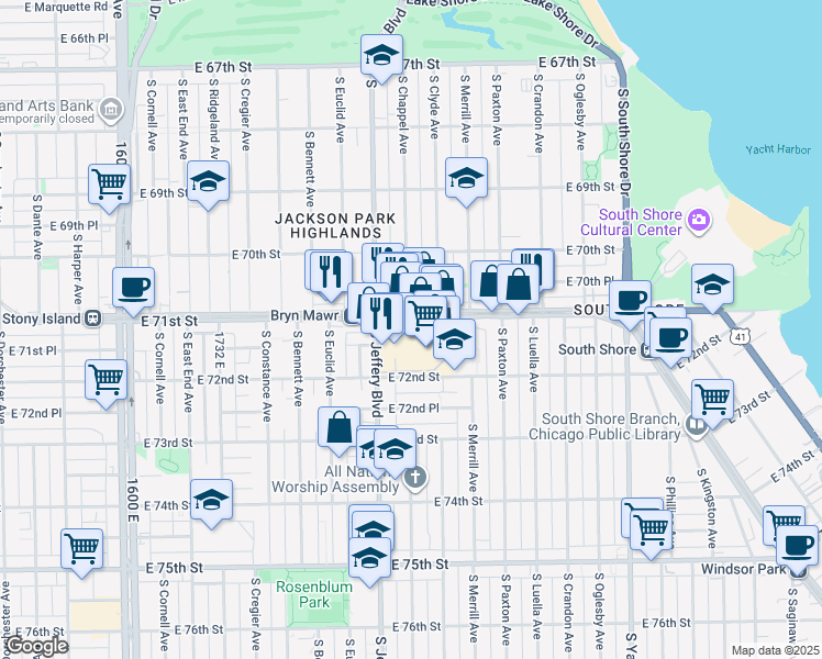 map of restaurants, bars, coffee shops, grocery stores, and more near South Jeffery Avenue in Chicago