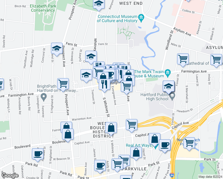 map of restaurants, bars, coffee shops, grocery stores, and more near 15 Evergreen Avenue in Hartford